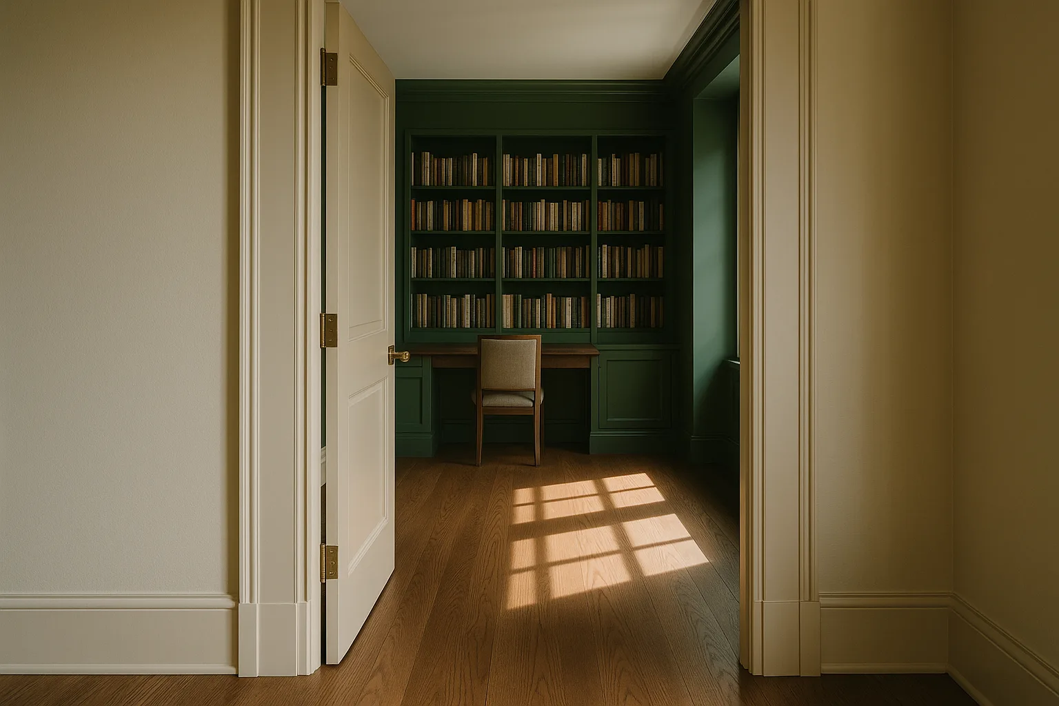 An empty doorway looking into a study lined with bookshelves; morning light on walnut floors and forest-green walls